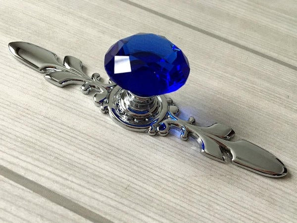 Blue Glass Drawer Knobs with Backplate, Polished Chrome, Kitchen Hardware
