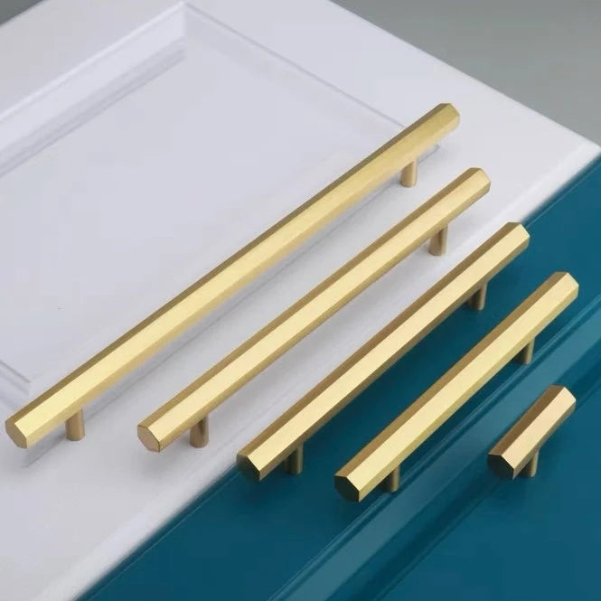 Solid Brass Hexagonal Cabinet Bar Handles, Geometric Kitchen Hardware
