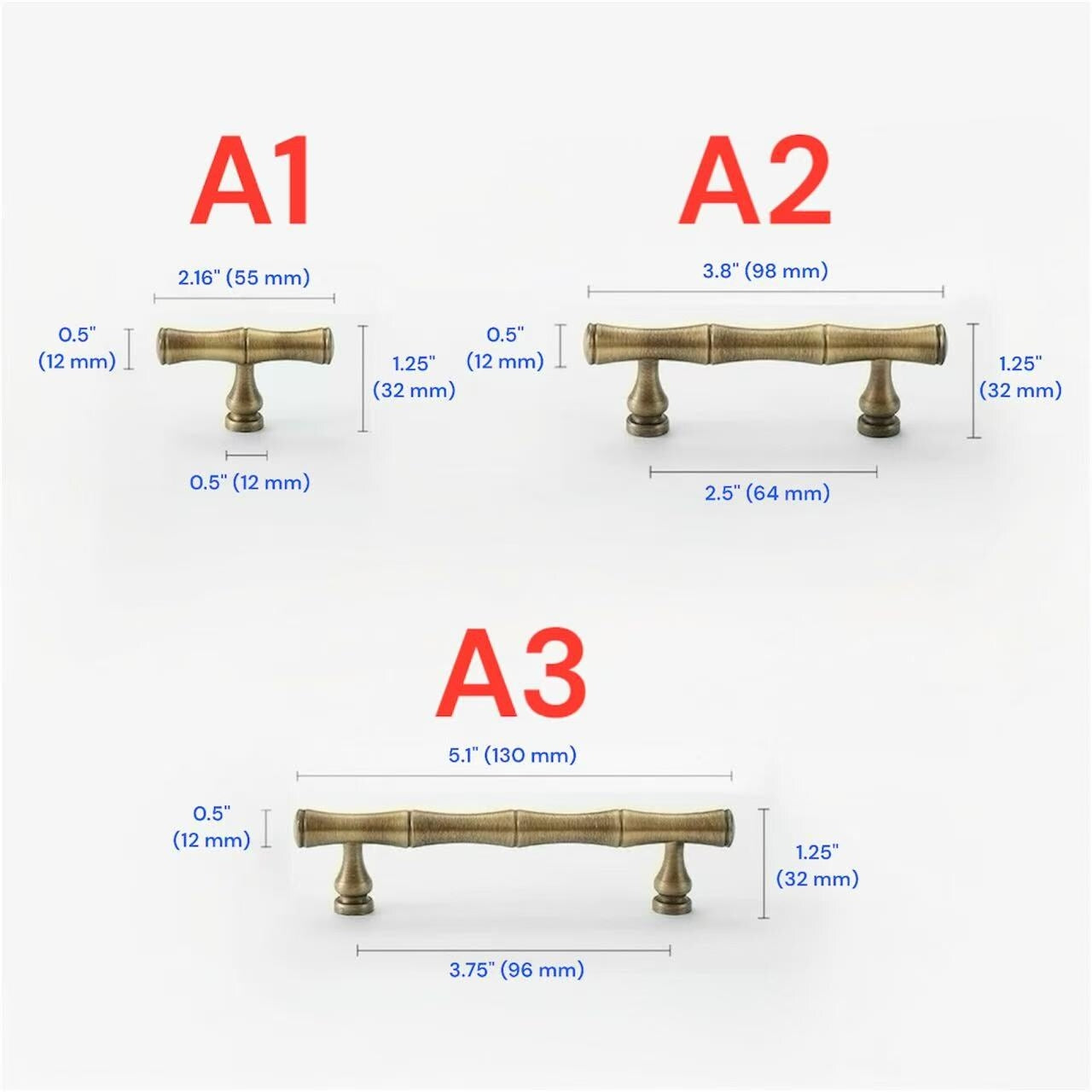 2.5" 3.75" 5" 6.25" Asian Style Bamboo Cabinet Handle, Antique Bronze, Solid Brass