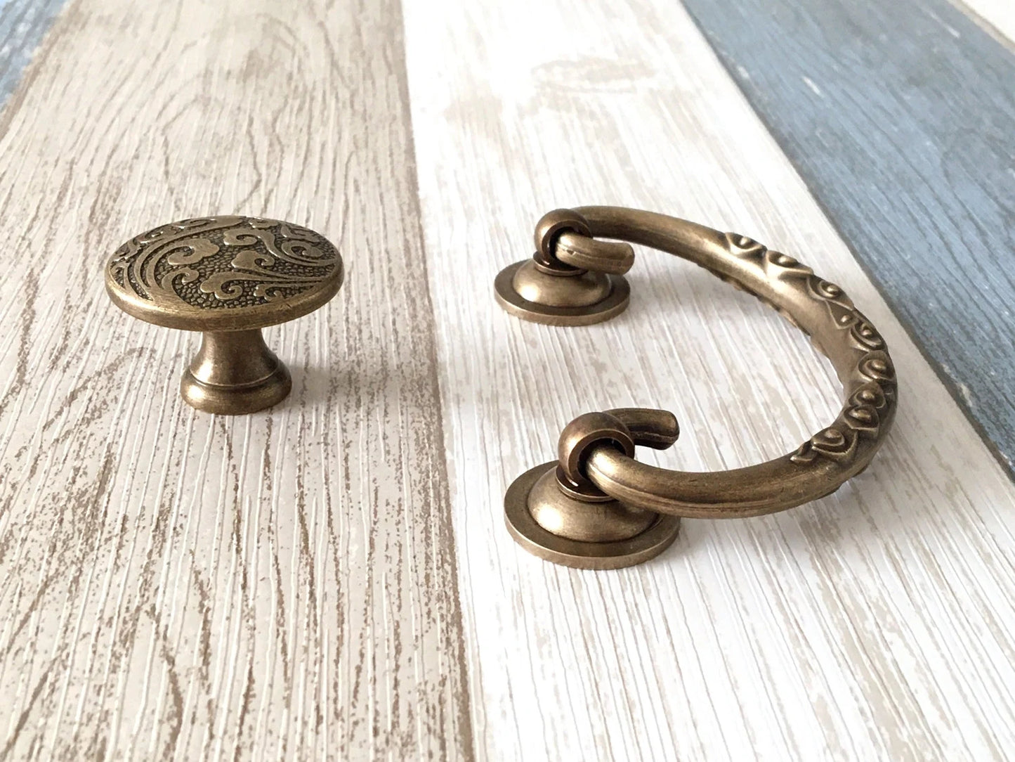 2.75" to 3" Centers Brass Drop Bail Drawer Pull with matching knob, Vintage Style, Antique Bronze Black