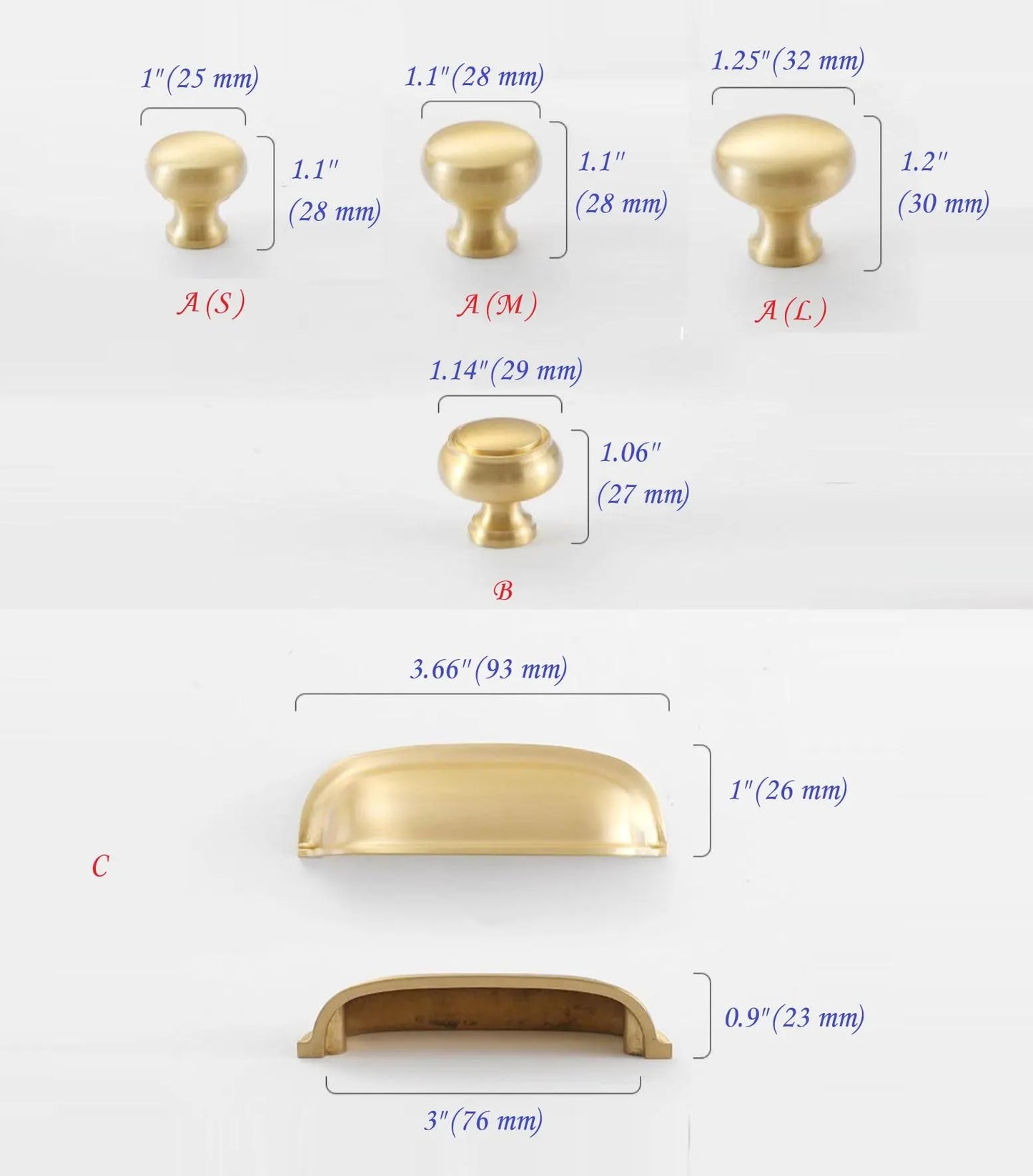 3" Brass Cup Drawer Pull & Cabinet Knob 76 mm Centers, Gold, Bronze, Silver and Black