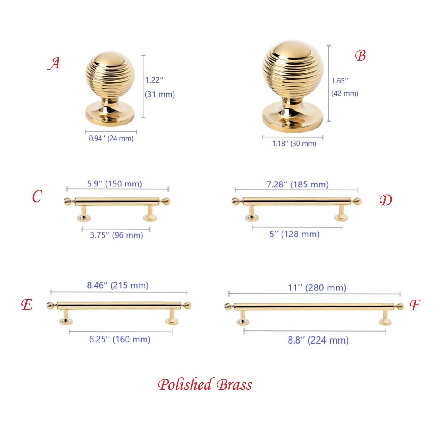 Beehive Brass Cabinet Pulls and Knobs, Polished Gold and Chrome, Luxurious