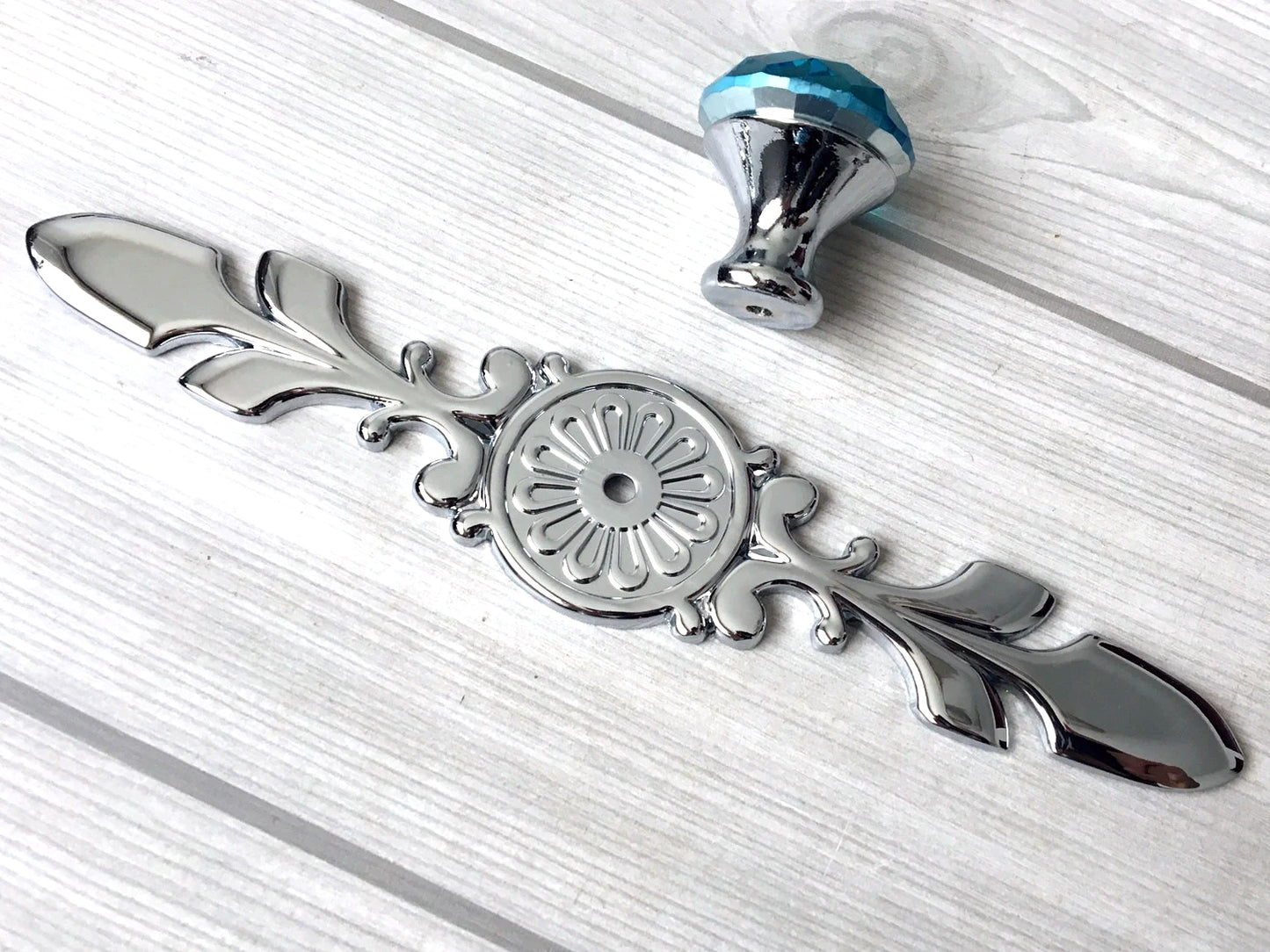 Blue Glass Drawer Knobs with Backplate, Polished Chrome