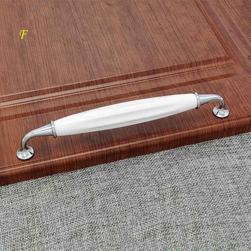White Porcelain & Chrome Cabinet Pull Handles, Elegant Kitchen Hardware