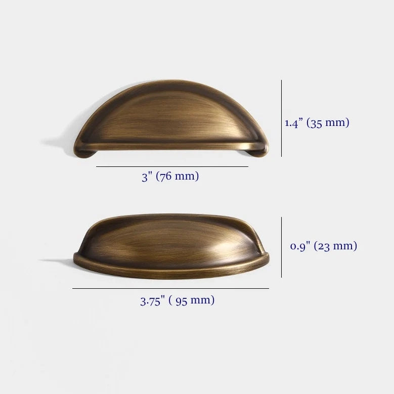 3" 76 mm Centers Brass Cup Drawer Pulls, Polished Gold Chrome Antique Bronze