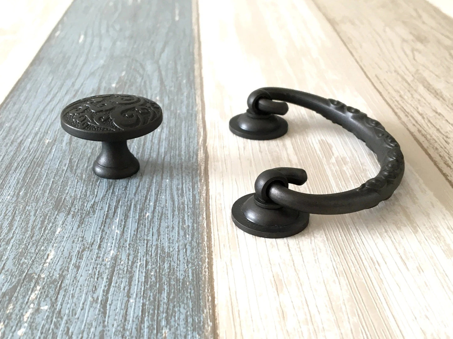 2.75" to 3" Centers Brass Drop Bail Drawer Pull with matching knob, Vintage Style, Antique Bronze Black