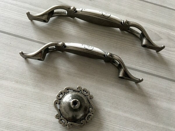 3.75" 5" Centers Antique Pewter Porcelain Drawer Pull Handle