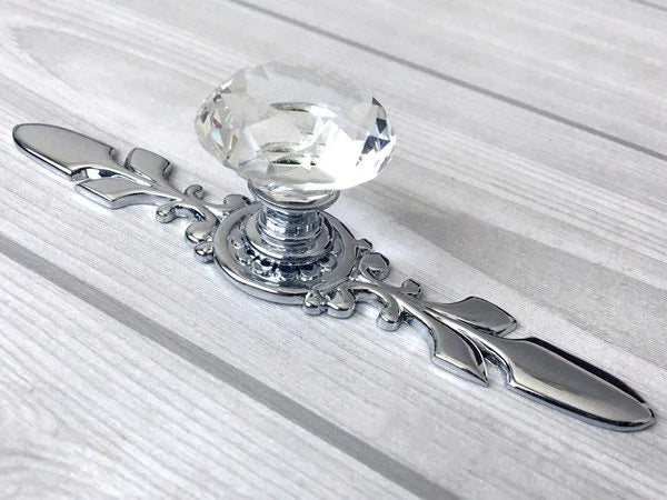 Clear Glass Drawer Knobs with Backplate, Polished Chrome