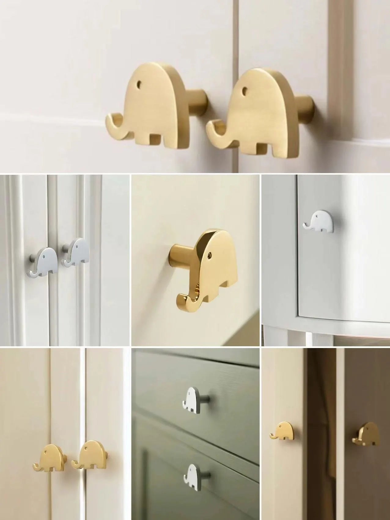 Elephant Brass Knobs, Nursery Dresser Pull, Kids Cabinet Hardware, Animal Gold Polished Chrome