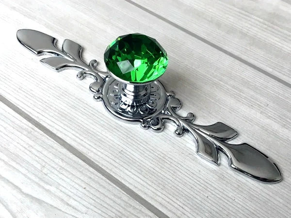 Green Glass Drawer Knobs with Backplate, Crystal Cabinet Pulls, Kitchen Hardware
