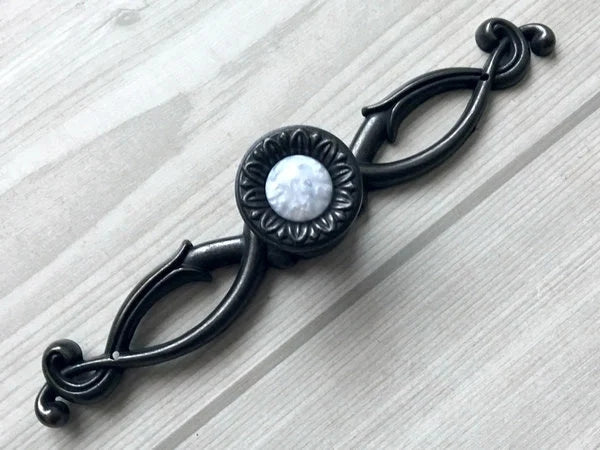Gem Look Antique Black White Drawer Pulls, Backplates, Rustic Kitchen Hardware