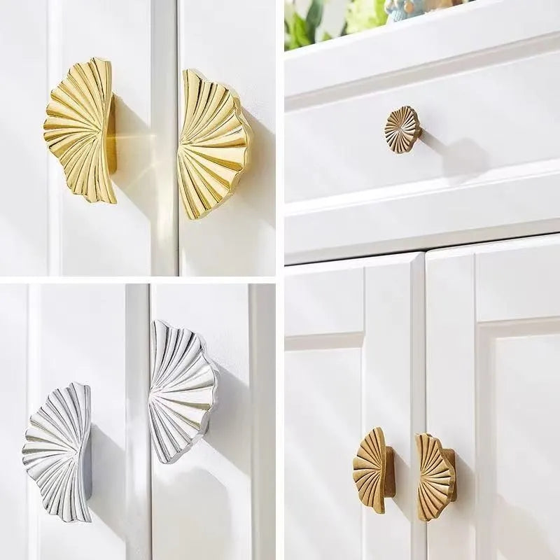 Brass Sunburst Half Circle Drawer Pulls w. Matching Knobs, Contemporary Kitchen Hardware