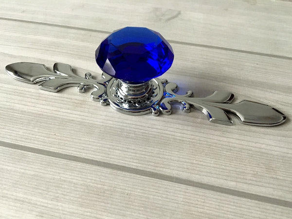 Blue Glass Drawer Knobs with Backplate, Polished Chrome, Kitchen Hardware