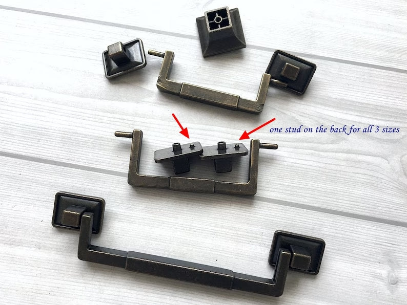 3.5" 3.75" 5.5" Vintage Style Drop Bail Drawer Pulls with Square Cabinet Knob, Antique Bronze
