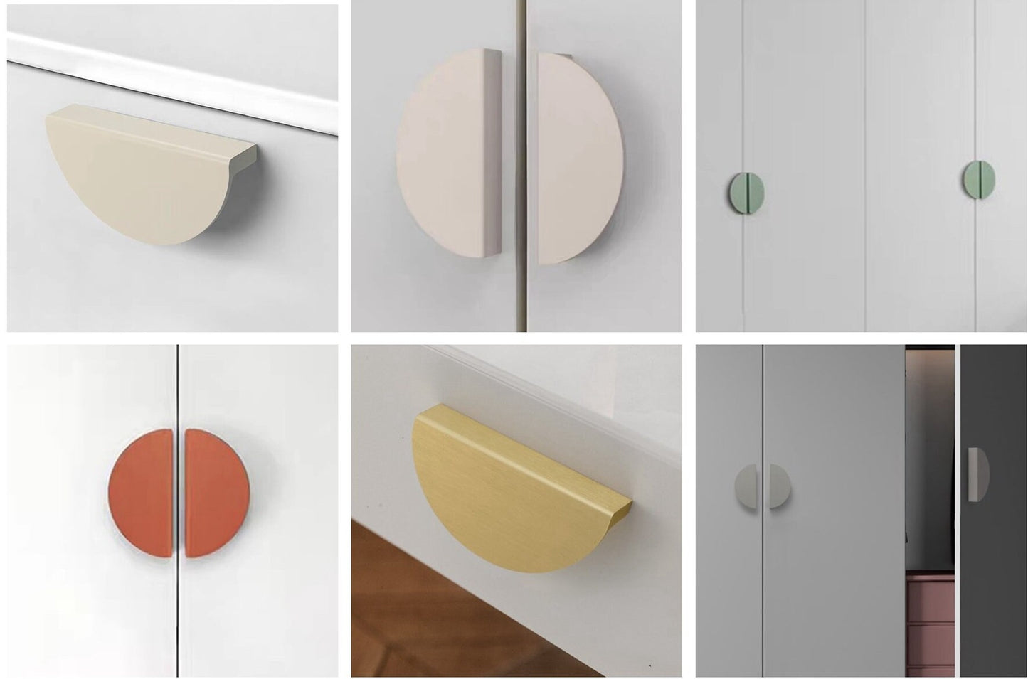 Half Moon Drawer Pulls, 2.5", 5", 6.25" Centers, Gold, Beige, Gray, White, Green, Orange