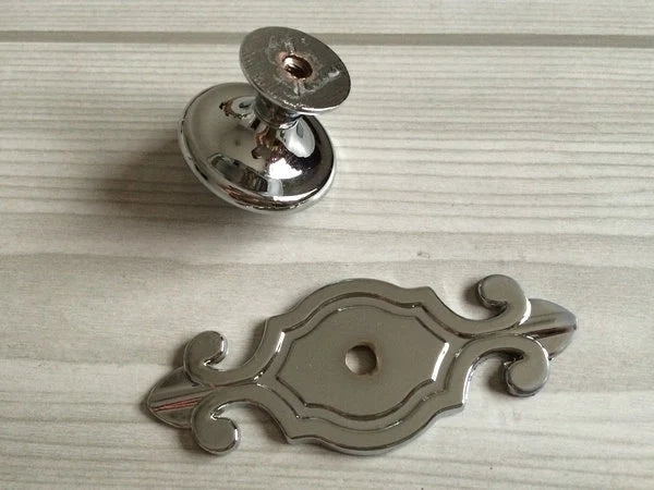 Polished Chrome Cabinet Knobs with Backplate, Modern Silver Kitchen Hardware