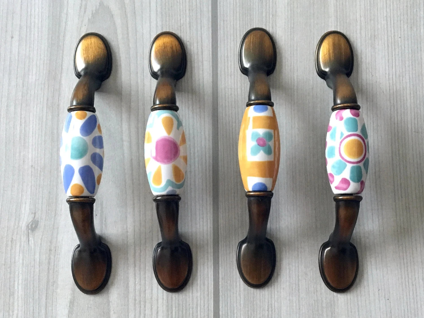 Colorful Porcelain Drawer Pulls, 3" 3.75" Centers, 4 Designs