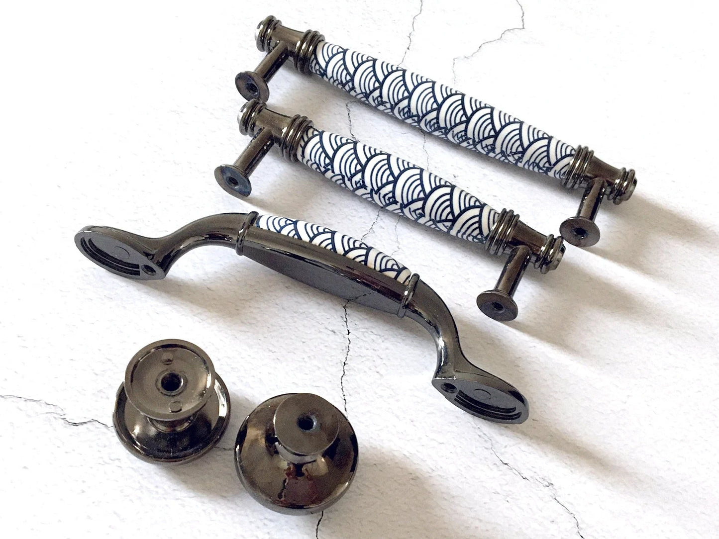 3.75" 5" Porcelain Cabinet Pulls, Blue White Scallop, Geometric Fish Scale, 96 128 mm Holes