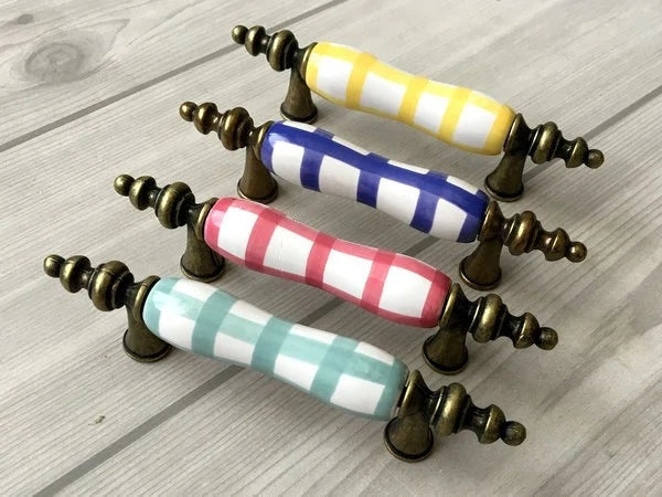 3" Centers Gingham Ceramic Drawer Pull and Cabinet Knob, Antique Bronze Green Yellow Red Blue White