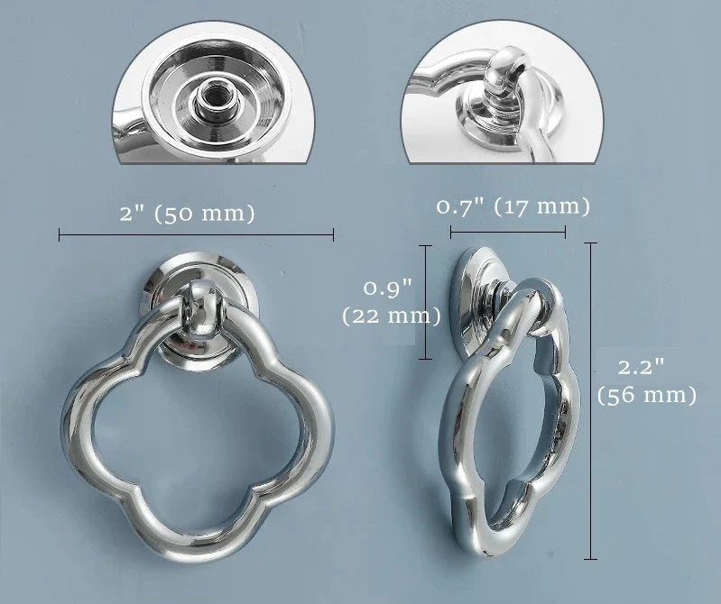 Clover Brass Drop Ring, Cabinet Knobs, MCM Drawer Pulls, Nickel Chrome Bronze