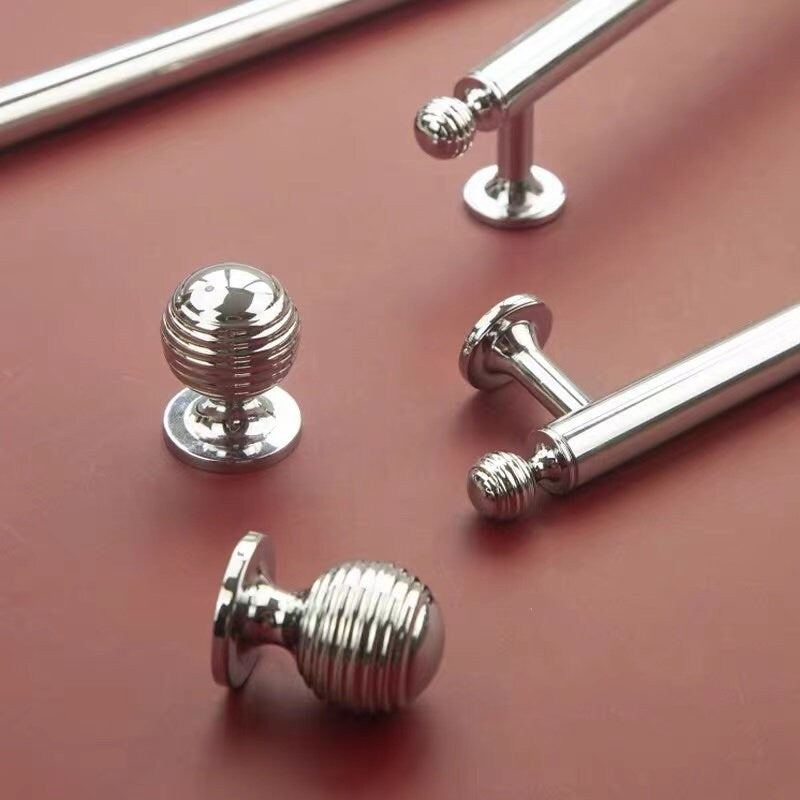 Beehive Brass Cabinet Pulls and Knobs, Polished Gold and Chrome, Luxurious