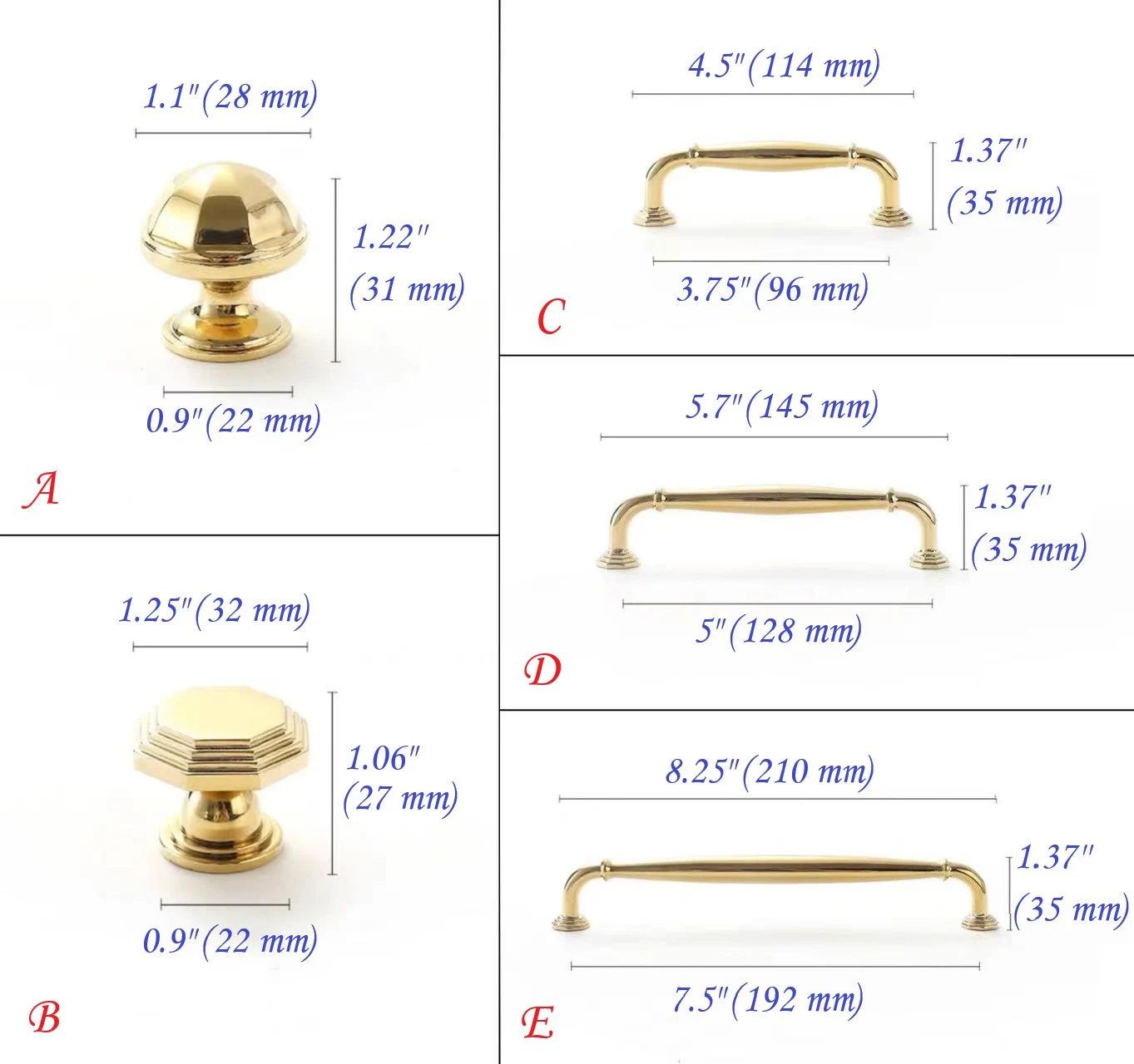 3,75" 5" 7,5" Achteckige Messing-Schrankgriffe, poliertes Gold, Chrom, Waschtischgriffe | LynnsHardware