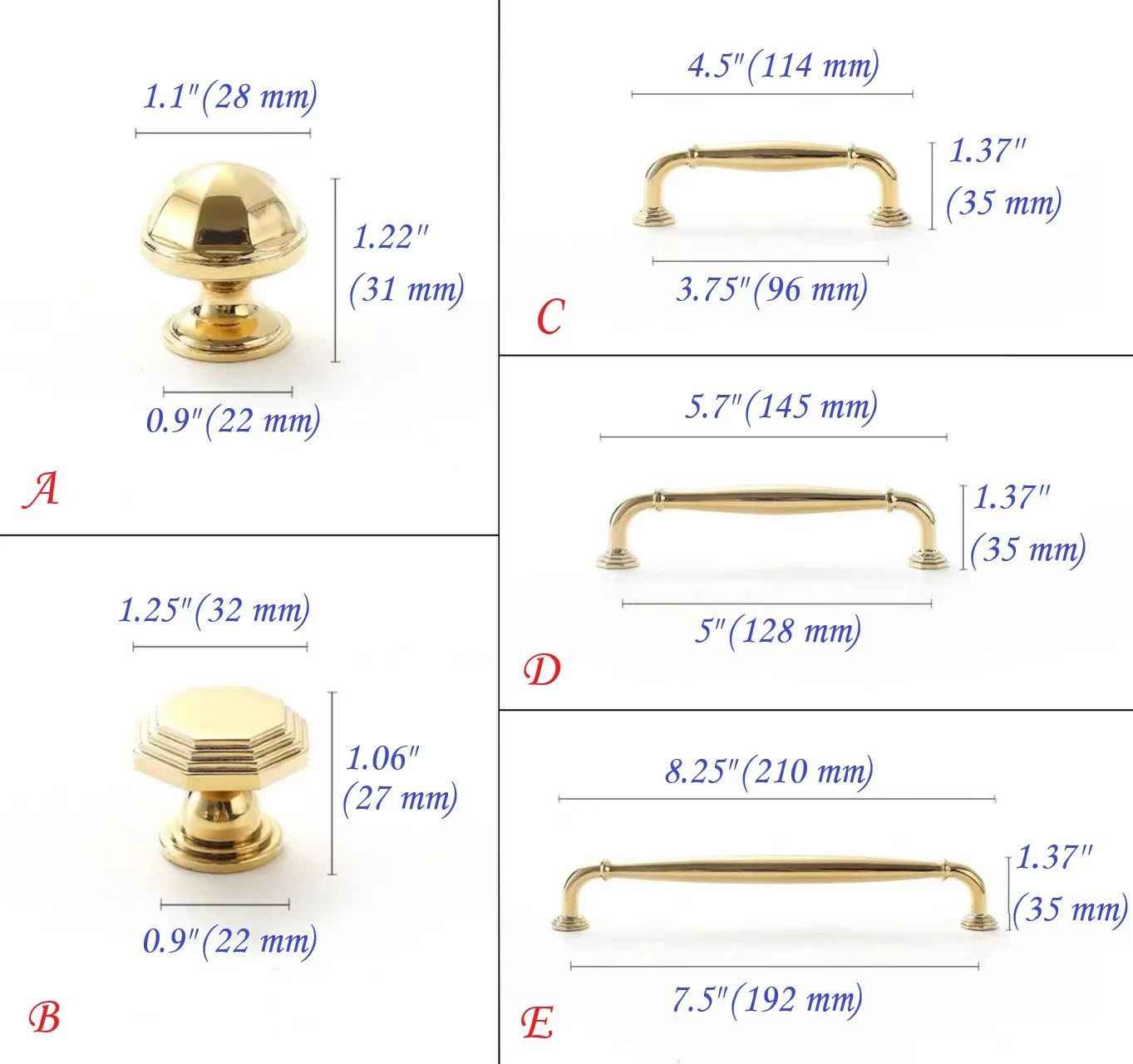 3.75" 5" 7.5" Octagonal Brass Cabinet Handle - Polished Gold/Chrome Vanity Pull