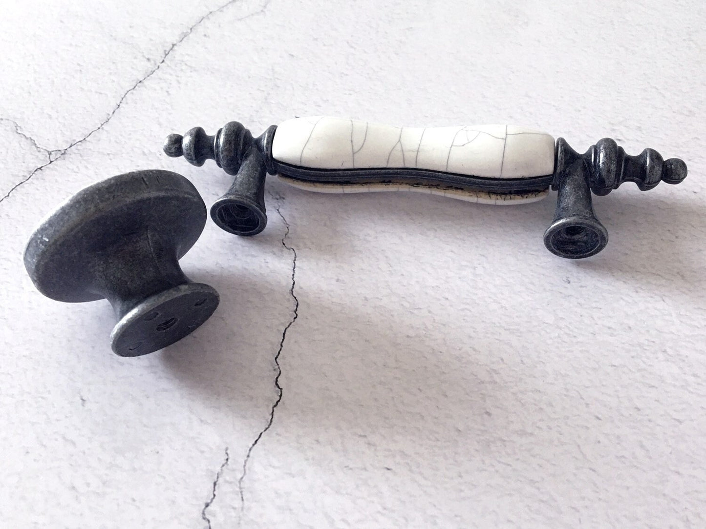 3" Drawer Pull Handles, White Crackle, Antique Pewter, 76 mm Centers