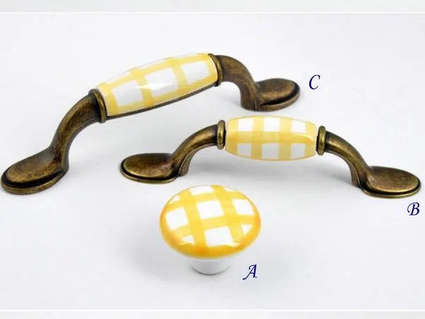 Gingham Porcelain Drawer Pulls, 3" 3.75" Centers, Blue Green Yellow Red