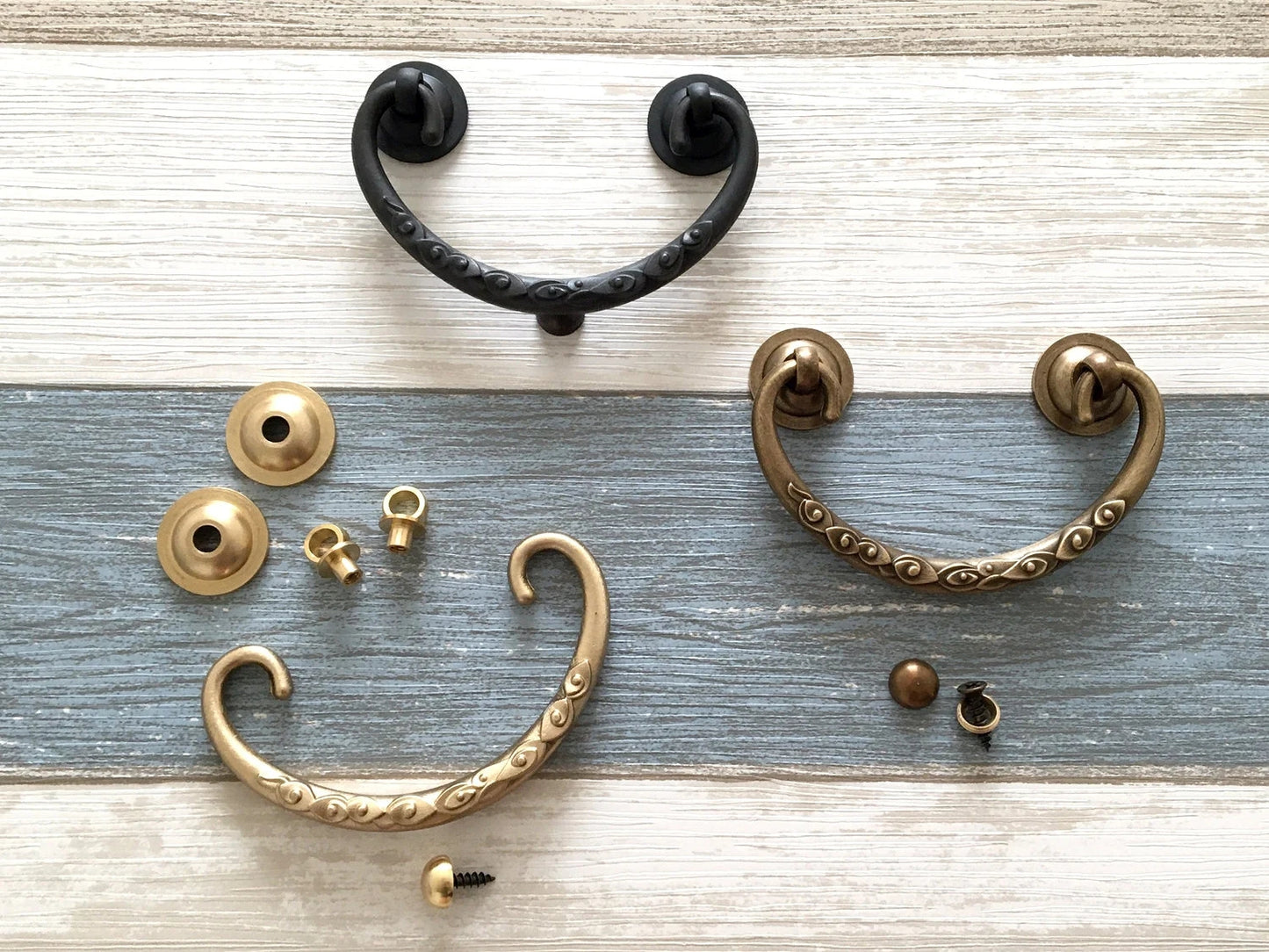 2.75" to 3" Centers Brass Drop Bail Drawer Pull with matching knob, Vintage Style, Antique Bronze Black