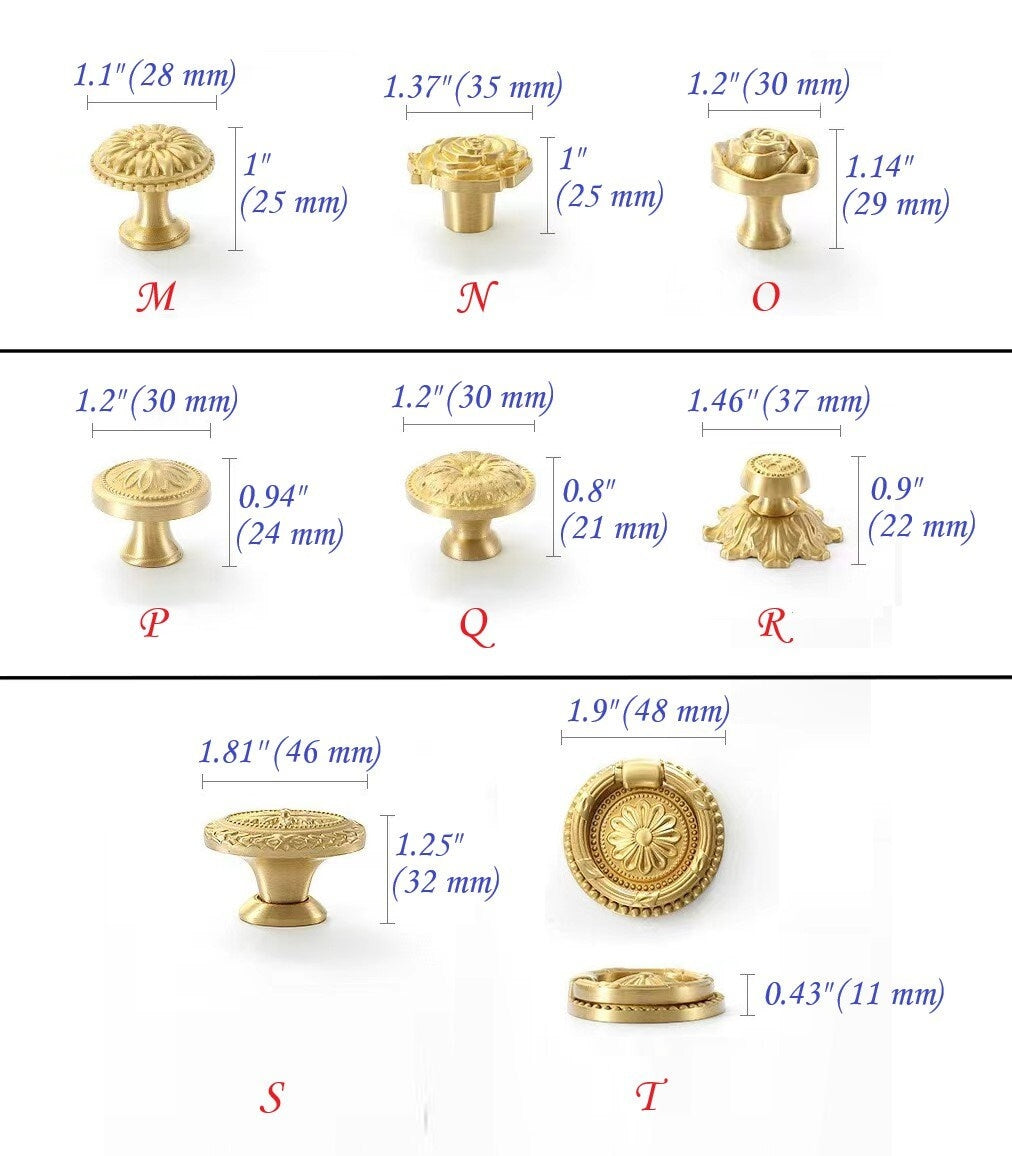 Brass Flower Patterned Knobs, Floral Drawer Pulls, Brushed Gold, Kitchen Cabinet Hardware