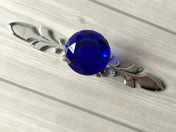 Blue Glass Drawer Knobs with Backplate, Polished Chrome, Kitchen Hardware