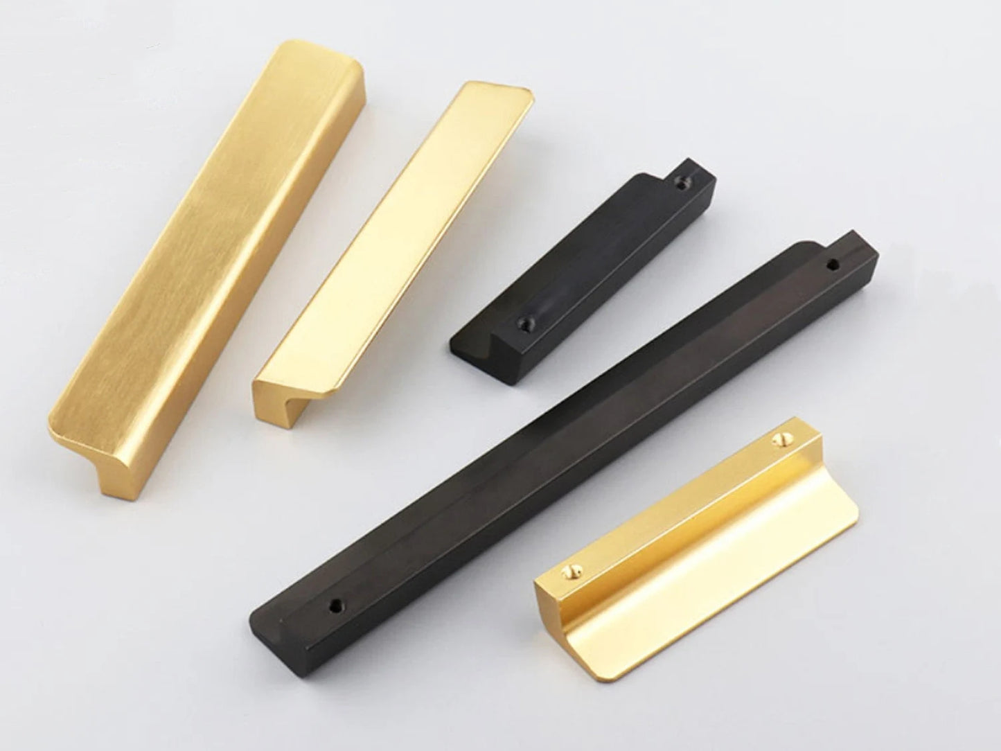 Gold Brass Cabinet Pull Handles, Black, Mid Century Modern, Kitchen Hardware