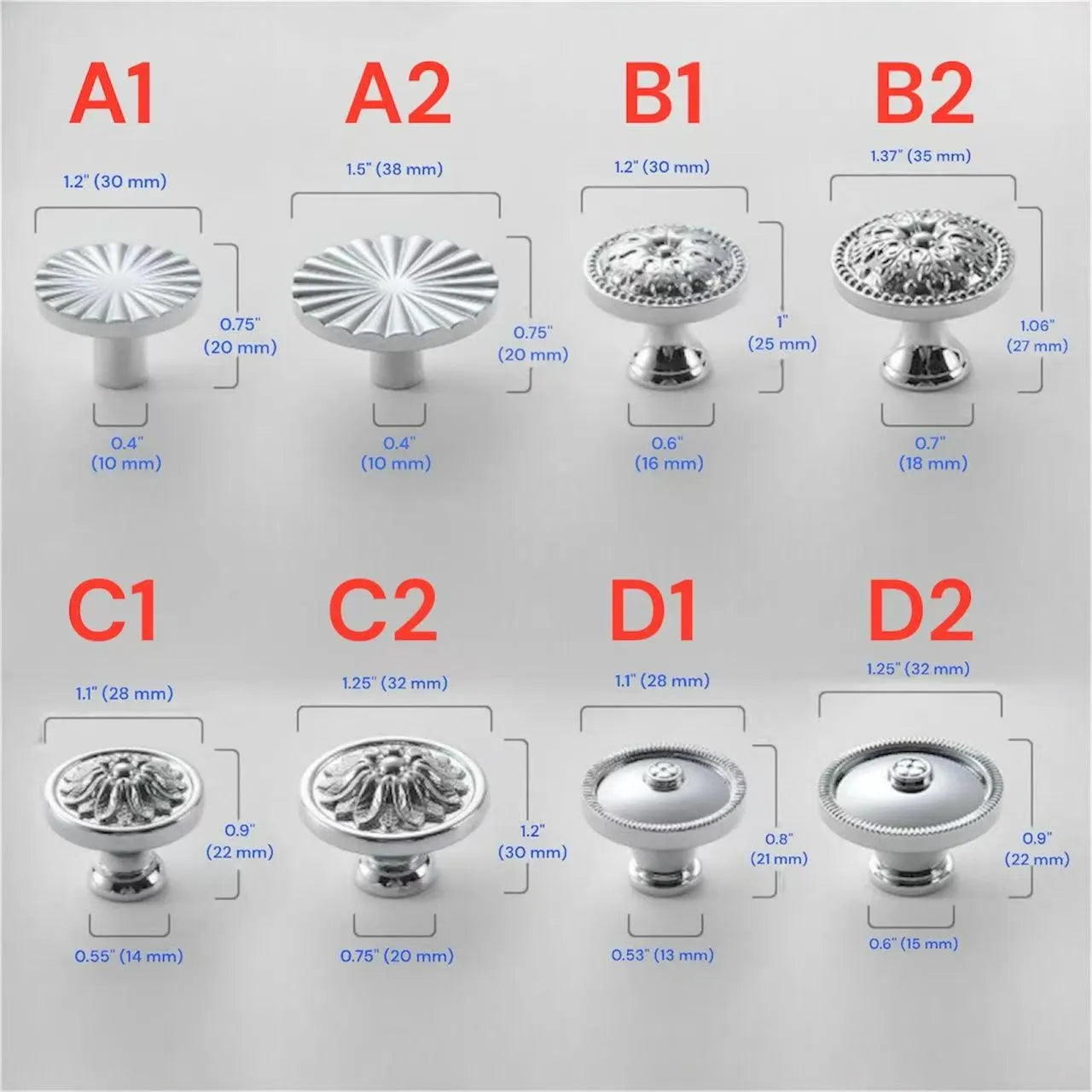 Assorted Polished Chrome Cabinet Knob, Shiny Silver Floral Drawer Pull, Kitchen Hardware