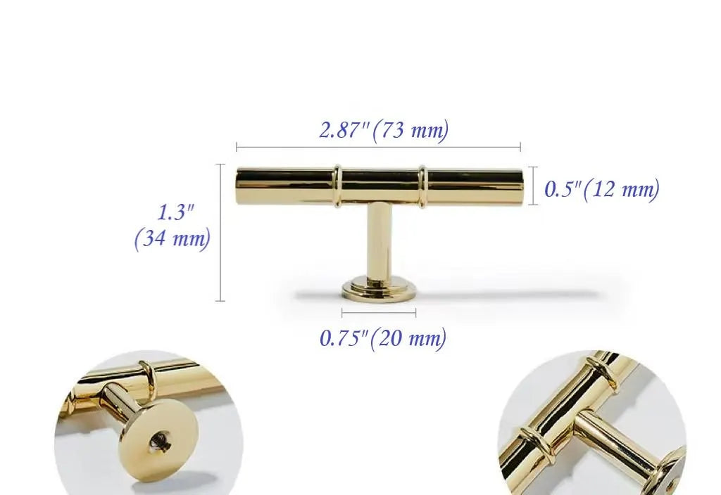 3.75" 5" Polished Gold Brass Cabinet Bar Handle, T Shaped Drawer Knob, Scandi Vanity Pull