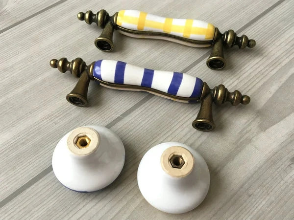 3" Centers Gingham Ceramic Drawer Pull and Cabinet Knob, Antique Bronze Green Yellow Red Blue White
