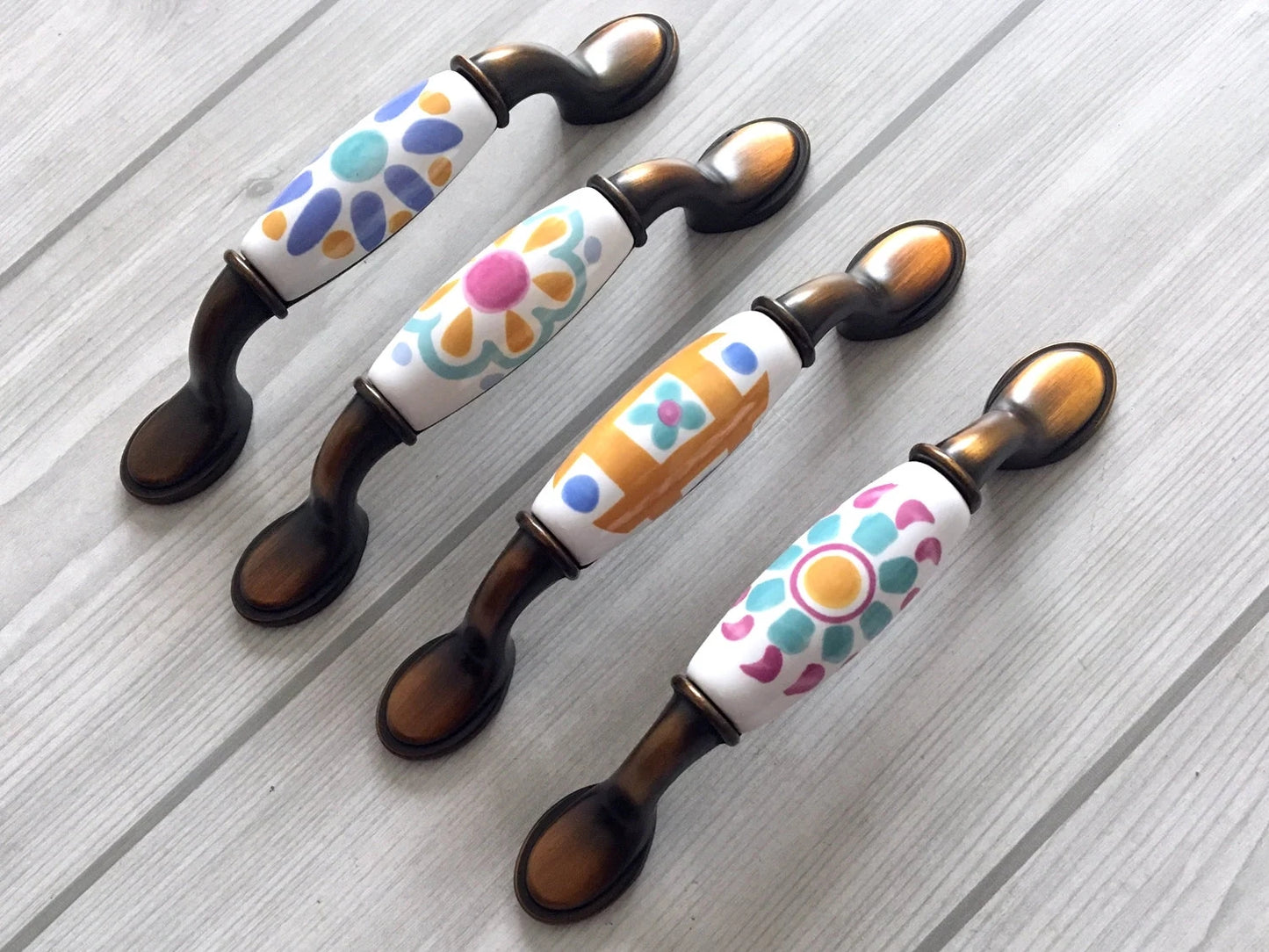 Colorful Porcelain Drawer Pulls, 3" 3.75" Centers, 4 Designs
