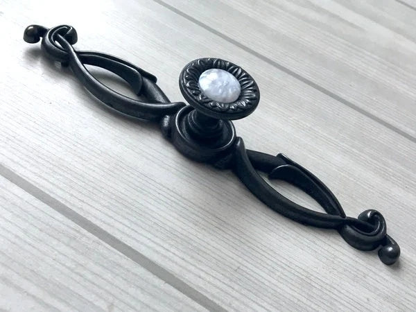 Gem Look Antique Black White Drawer Pulls, Backplates, Rustic Kitchen Hardware
