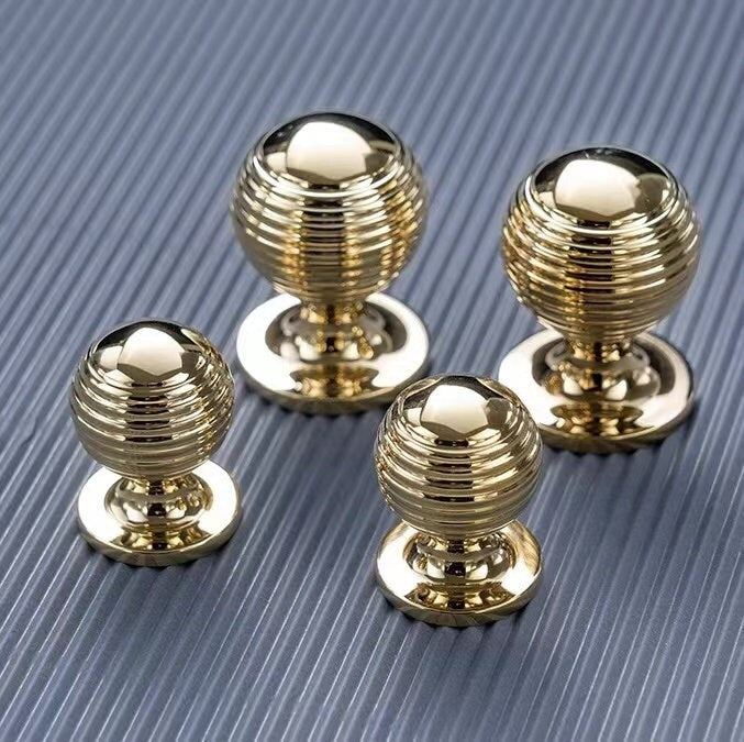 Beehive Brass Cabinet Pulls and Knobs, Polished Gold and Chrome, Luxurious