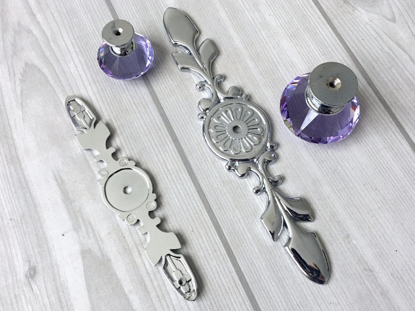 Purple Glass Drawer Knobs with Backplate, Polished Chrome