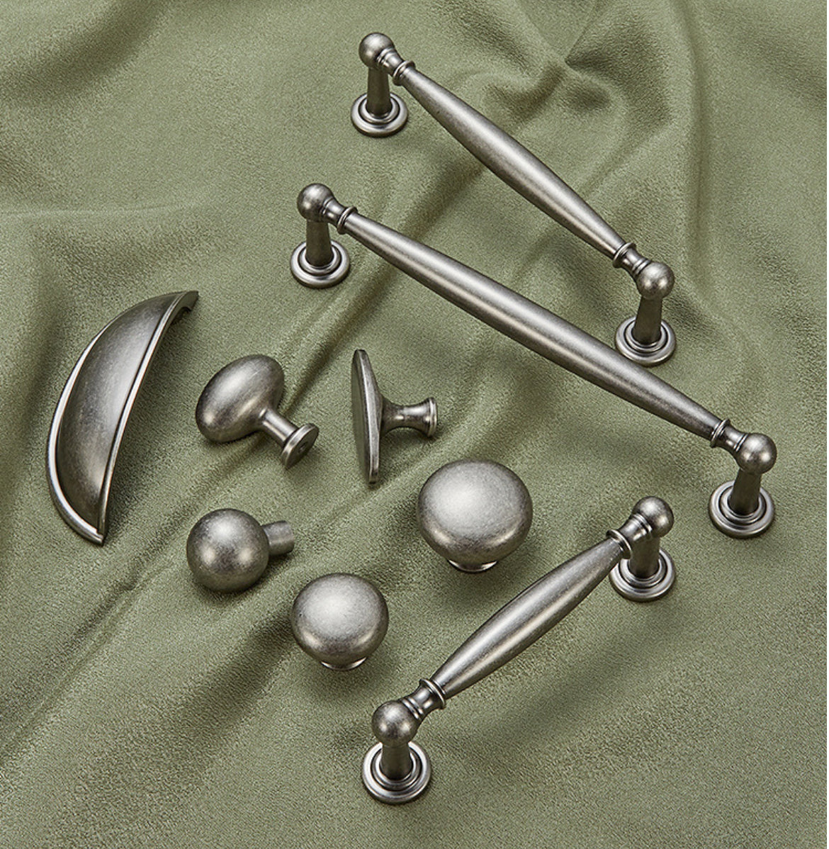 Antique silver brass drawer handles with 3", 3.75", 5" and 6.25" hole spacing