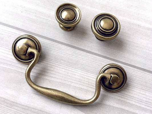 3.75" Swan-neck Swing Bail Drawer Pull & Knob - Antique Bronze