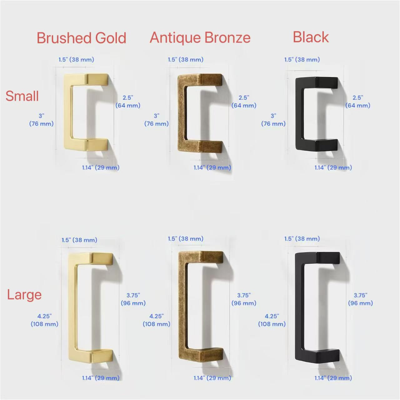 2.5" 3.75" U Turn Drawer Pull Handles, Antique Bronze, Brushed Gold, Matte Black