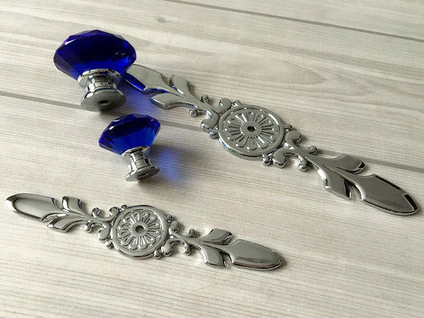 Blue Glass Drawer Knobs with Backplate, Polished Chrome, Kitchen Hardware