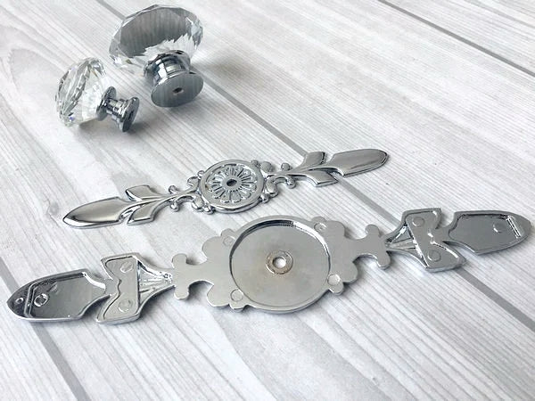 Clear Glass Drawer Knobs with Backplate, Polished Chrome