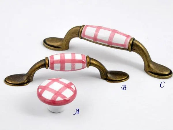 Gingham Porcelain Drawer Pulls, 3" 3.75" Centers, Blue Green Yellow Red