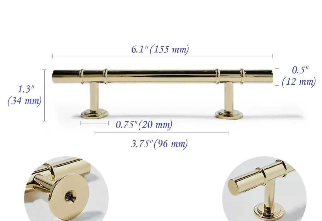 3.75" 5" Polished Gold Brass Cabinet Bar Handle, T Shaped Drawer Knob, Scandi Vanity Pull