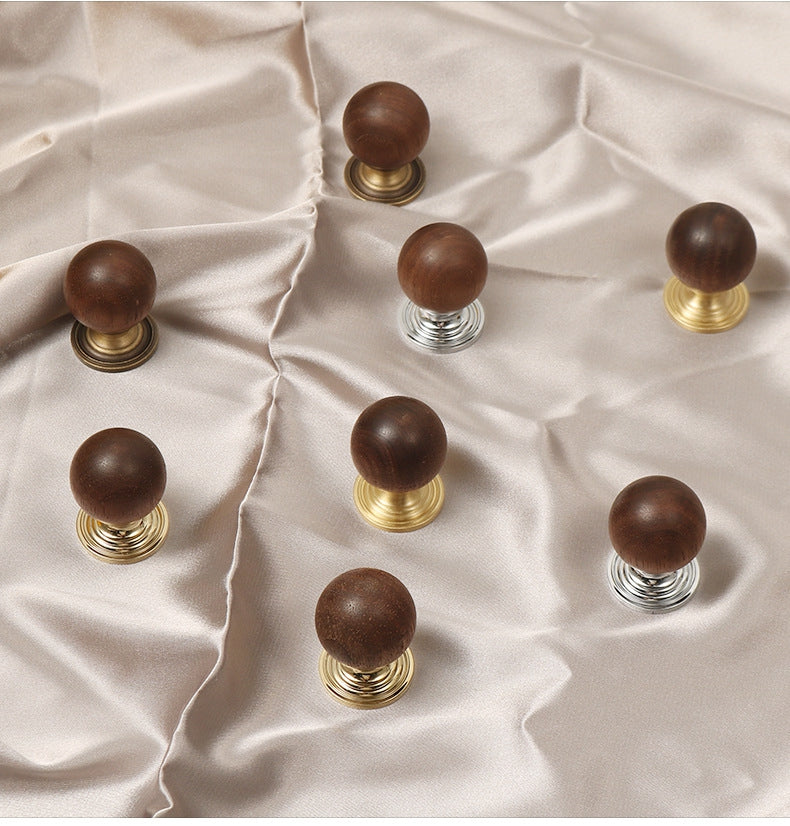Walnut Brass Cabinet Knob, Pendant Wooden Drawer Pull, Oriental Retro Kitchen Hardware