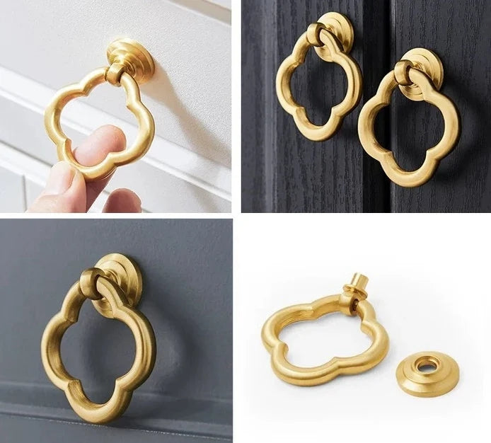 Clover Brass Drop Ring, Cabinet Knobs, MCM Drawer Pulls, Nickel Chrome Bronze