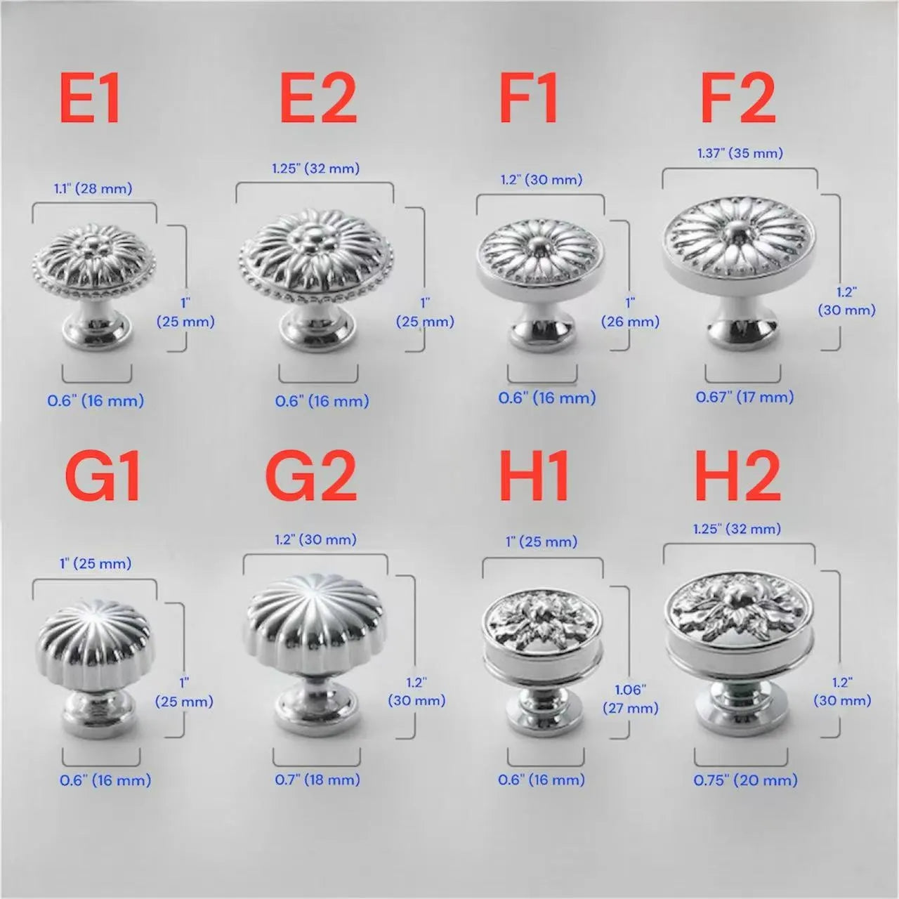 Assorted Polished Chrome Cabinet Knob, Shiny Silver Floral Drawer Pull, Kitchen Hardware